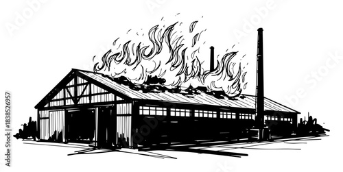 burning warehouse industrial building sketch