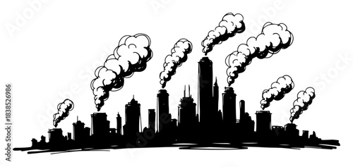 city skyline with smoke plumes sketch
