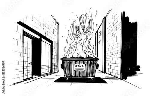 dumpster fire in alley sketch