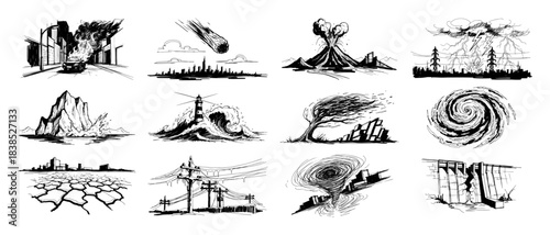 set of natural disaster icon sketches