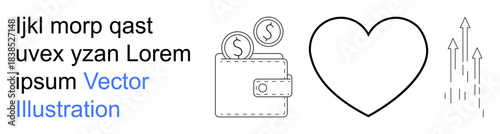 Financial planning, business improvement, wealth management, emotional well-being, investment growth, economy. Outline of wallet with coins, heart and arrows pointing upward. Financial planning
