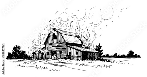 burning barn farmhouse on fire disaster vector sketch
