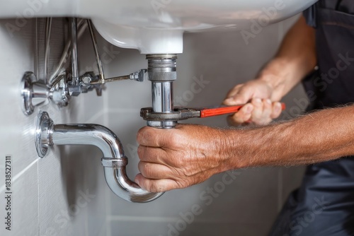 Plumber repairs sink plumbing with a wrench in a modern bathroom setting during the daytime