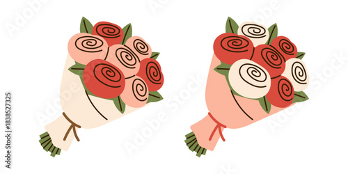 Vector set of two cute rose bouquets in pastel flower wrapping with green leaf. Romantic floral arrangement illustration for valentine, wedding and greeting card design.