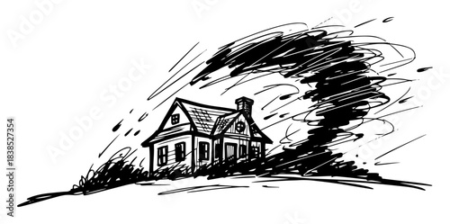 hurricane storm wind hitting a house disaster vector sketch