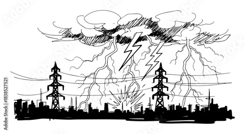 lightning storm over a city skyline with power lines sketch