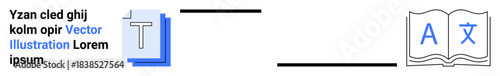 Language learning, translation services, communication, multilingual education, globalization, technology. are text icon and book with translation symbol. Language learning and translation services