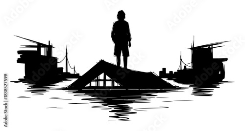 survivor on roof after flood disaster black vector silhouette