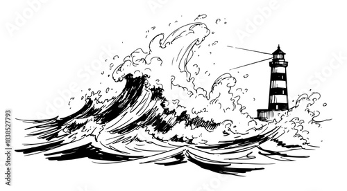storm waves crashing near lighthouse sketch
