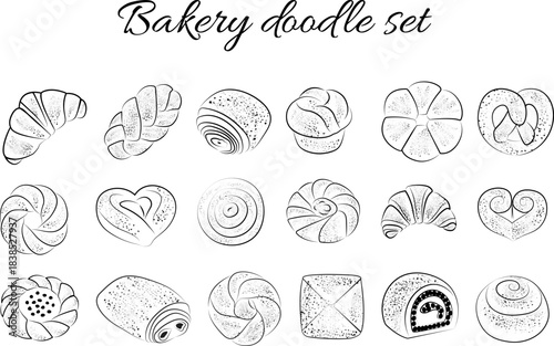bakery doodle set, hand drawn bakery items