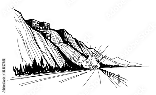 landslide disaster blocking a road from a cliff sketch