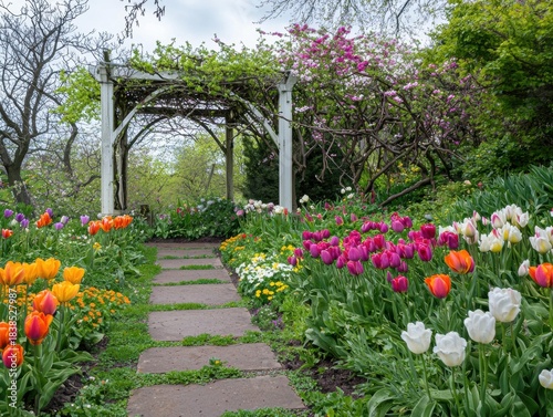 Stone path through a colorful tulip garden, leading to a white wooden pergola and trees. AI.