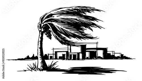 hurricane wind bending palm tree near house sketch
