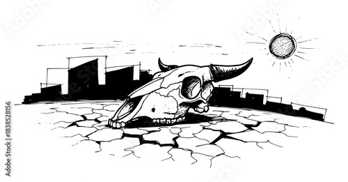 drought cracked earth with animal skull under hot sun sketch