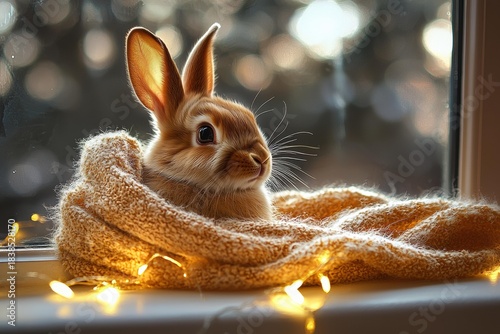 A rabbit sits nestled in a soft, orange blanket with small, warm-toned lights in front of a window. AI.