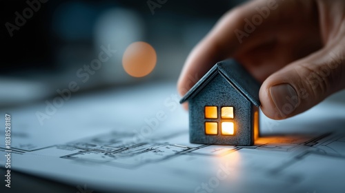 Miniature Home with Glowing Windows on Blueprint