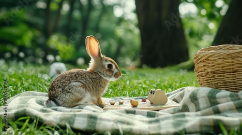 A rabbit sits on a blanket in the grass. A basket and a wooden toy are visible beside it. AI.