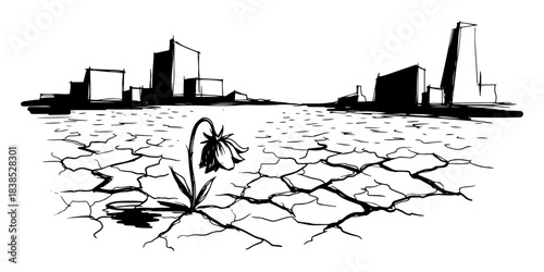 single flower growing in cracked earth a symbol of hope sketch