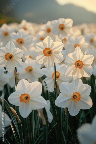 A field of white daffodils with orange centers are shown in focus under sunlight, with blurry mountains in the background. AI.