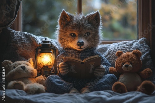 Fox figure in pajamas sits near a window, reading a book. Two toy bears and a lantern are nearby. AI.