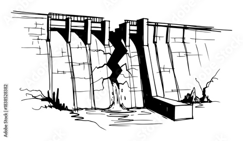 cracking dam disaster structural failure vector sketch