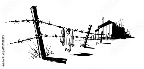 barbed wire fence with cloth in desolate landscape sketch