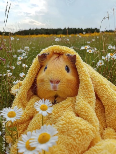 Ginger guinea pig is wrapped in a yellow towel in a field of daisies. AI.