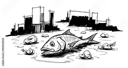 dead fish on a polluted shore water pollution concept sketch