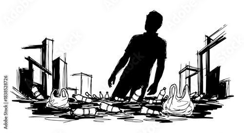person wading through a sea of plastic waste pollution sketch