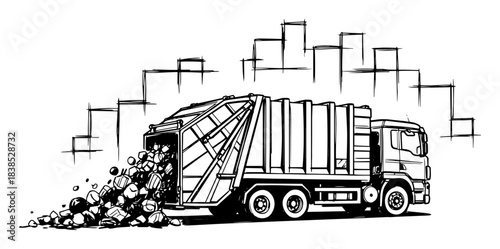 overflowing garbage truck spilling trash in the city sketch