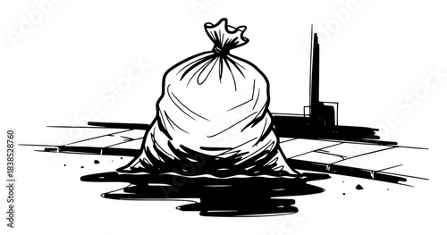 leaking garbage bag on floor pollution symbol vector sketch