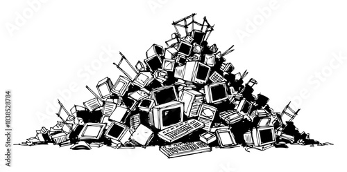huge pile of e-waste old computers and monitors vector sketch