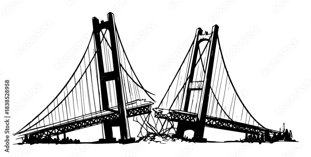 Fototapeta premium collapsed suspension bridge destruction disaster vector sketch