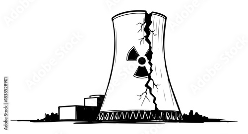 cracked nuclear power plant disaster sketch illustration