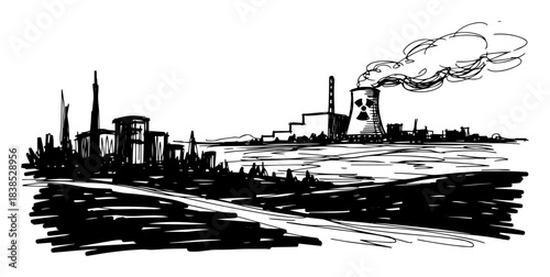 industrial pollution landscape with factory and city sketch