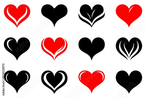 Vector heart icons with clean minimal shapes, perfect for Valentine’s Day, wedding designs, romantic decorations, greeting cards, stickers, and modern graphic projects.	