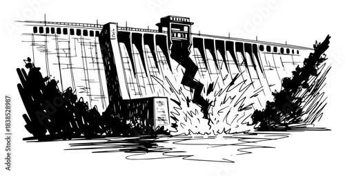 collapsing dam disaster with water bursting out vector sketch