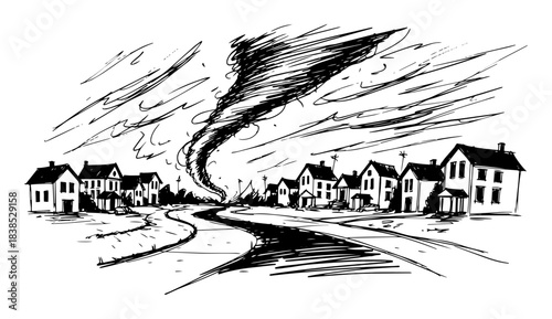 large tornado destroying a suburban town vector sketch