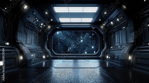 Fototapeta Naklejka Na Ścianę i Meble -  Space station interior view with starfield