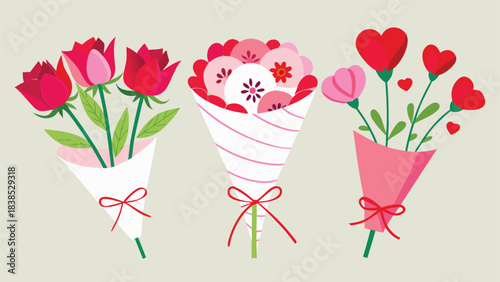 Vector illustration of Valentine's Day flowers in vibrant colors, featuring roses and hearts on a soft background..eps