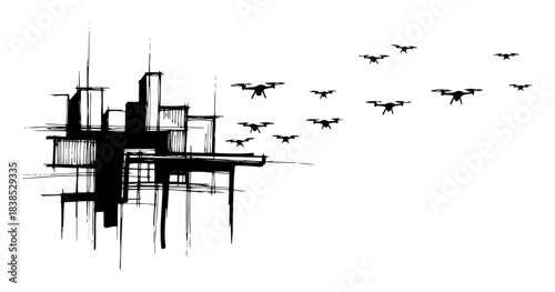 drone swarm flying over abstract city black vector silhouette