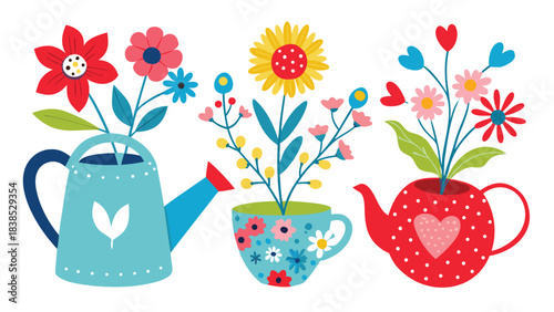 colorful watering cans with flowers, illustrated in a cheerful clipart style, showcasing different designs and colors..eps