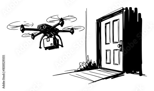 drone delivery service with package at front door sketch