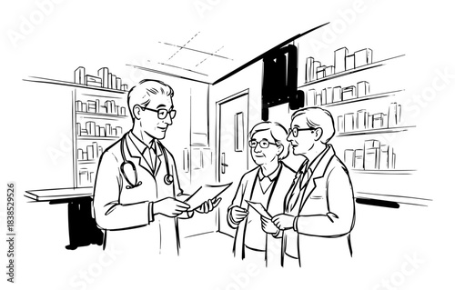 doctor talking to senior women patients in pharmacy sketch
