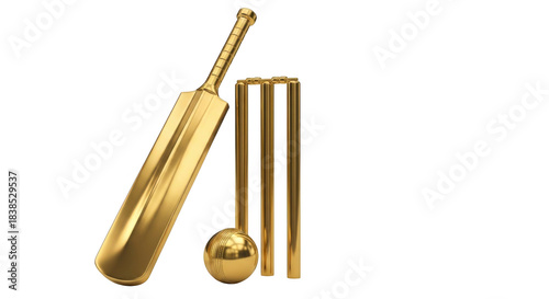 Golden cricket bat ball and stumps representing sports championship victory and elite achievement transparent background