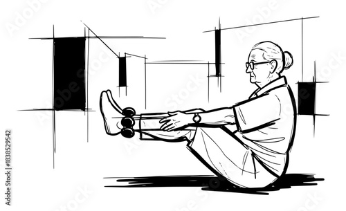 active senior woman exercising stretching pilates vector sketch