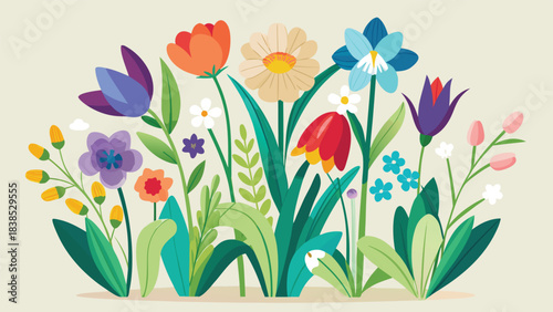 spring flower clipart, displaying a variety of blossoms like tulips and daisies in cheerful hues..eps