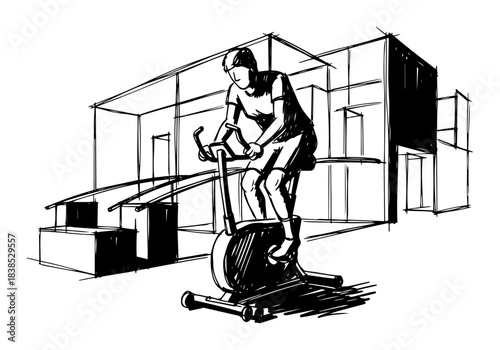 person on stationary exercise bike in gym sketch vector