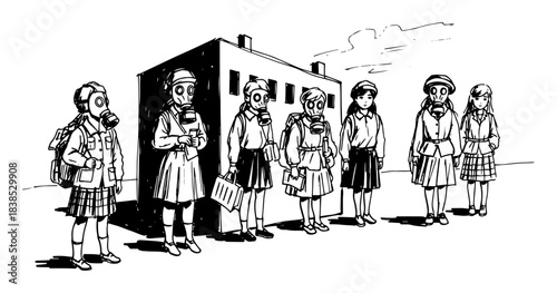 children wearing gas masks during war ww2 vector sketch