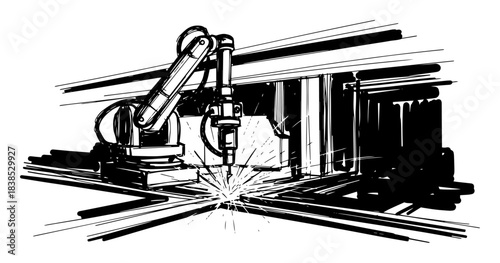 industrial robotic arm laser cutting in factory sketch